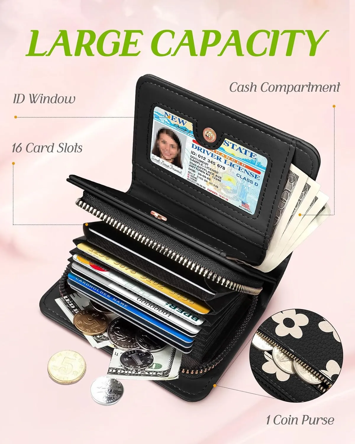 Bistup Credit Card Holder Wallet for Women - Cute Leather Ladies Teen Girls Female Cardholder Wallets Accordion Purse Small Medium Aesthetic Print Black Flower Unique Modern Rfid Zipper Around