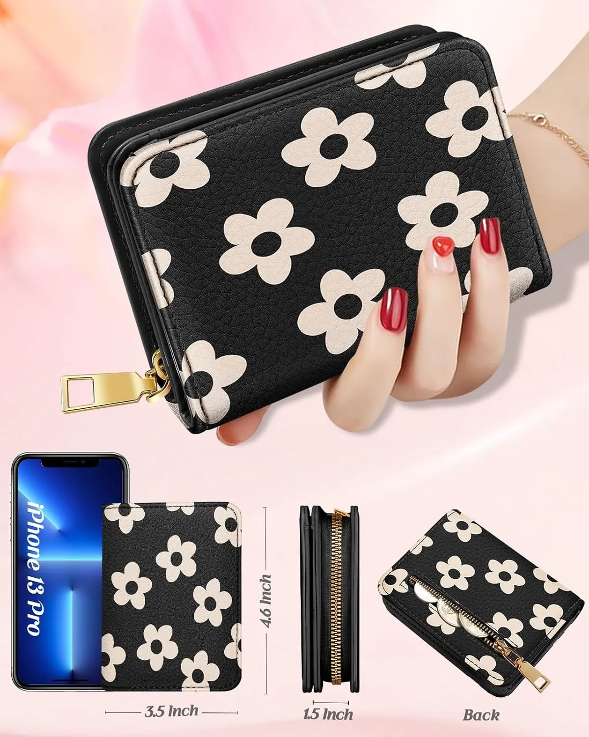 Bistup Credit Card Holder Wallet for Women - Cute Leather Ladies Teen Girls Female Cardholder Wallets Accordion Purse Small Medium Aesthetic Print Black Flower Unique Modern Rfid Zipper Around