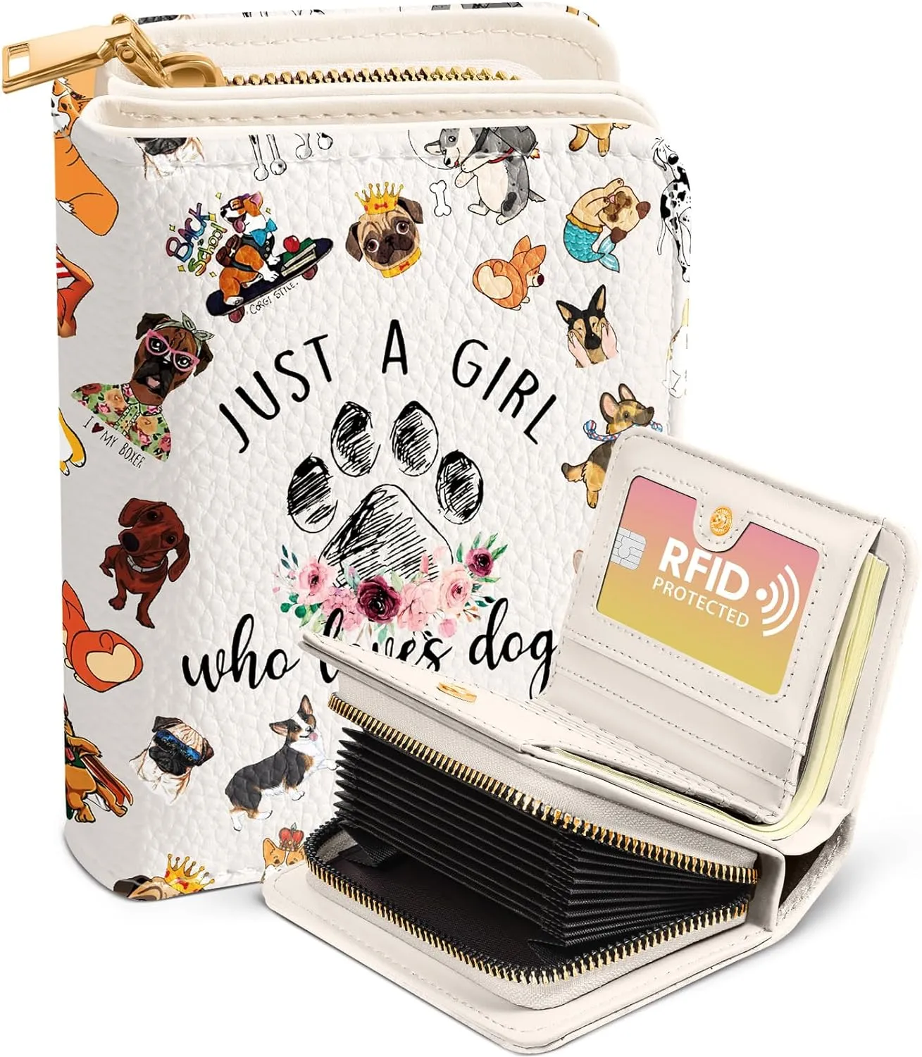 Bistup Credit Card Holder Wallet for Women - Cute Leather Ladies Teen Girls Female Cardholder Wallets Accordion Purse Small Medium Aesthetic Print Dog Unique Modern Rfid Zipper Around