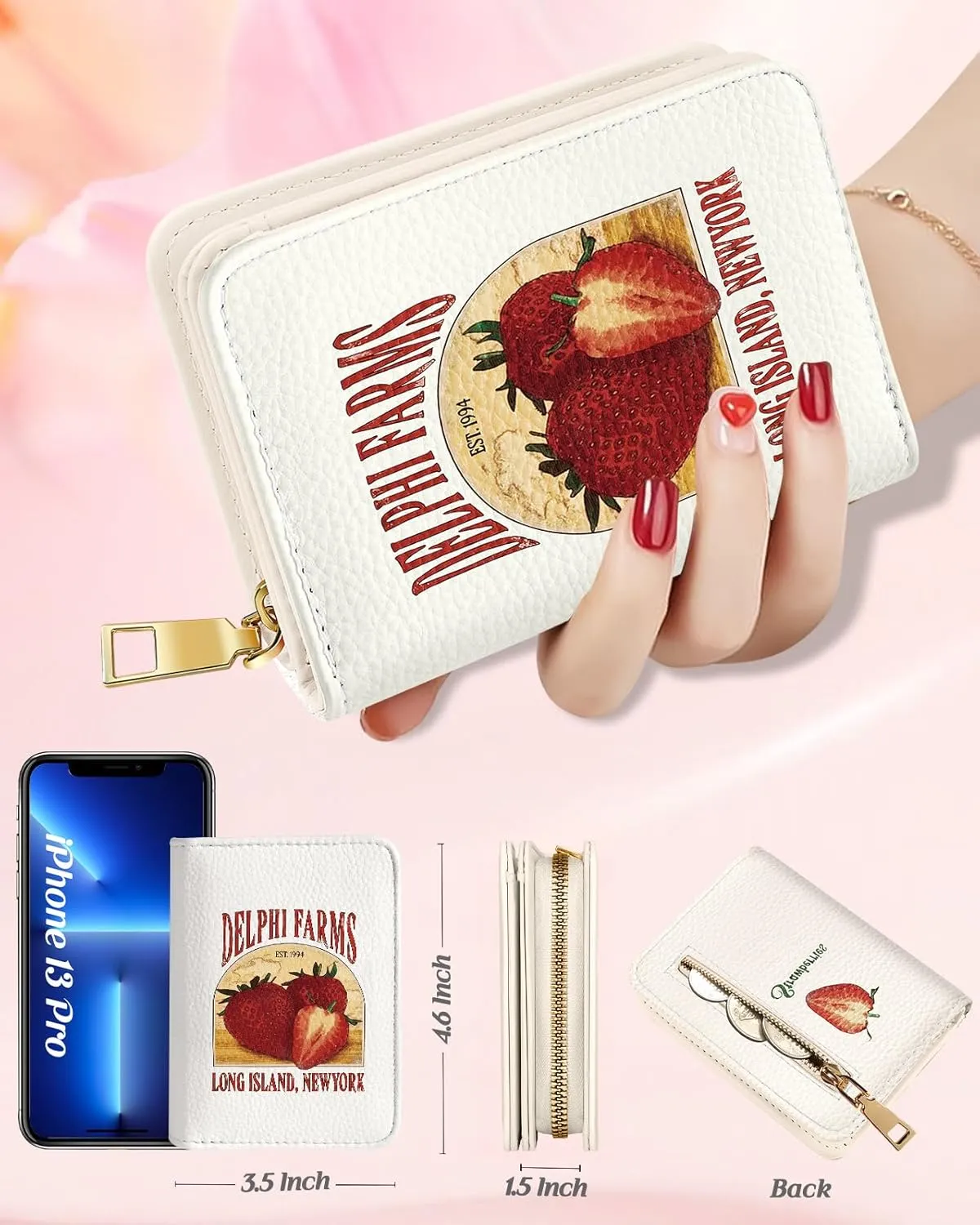 Bistup Credit Card Holder Wallet for Women - Cute Leather Ladies Teen Girls Female Cardholder Wallets Accordion Purse Small Medium Aesthetic Strawberry Print Unique Modern Rfid Zipper Around