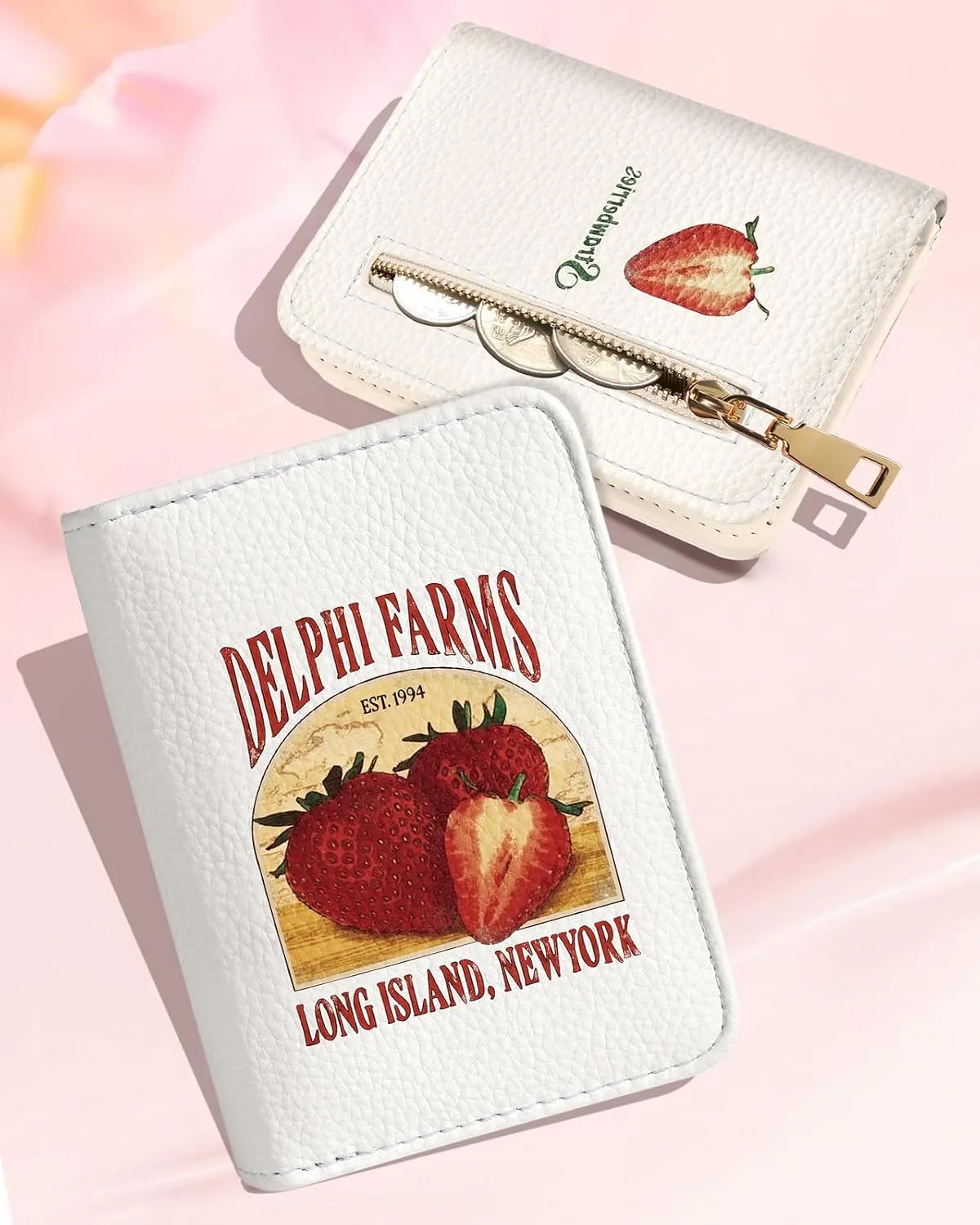 Bistup Credit Card Holder Wallet for Women - Cute Leather Ladies Teen Girls Female Cardholder Wallets Accordion Purse Small Medium Aesthetic Strawberry Print Unique Modern Rfid Zipper Around