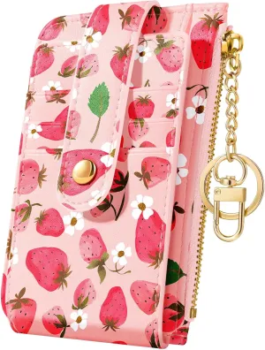 Bistup Credit Card Holder Wallet for Women Cute Small for Ladies Teen Girls Female Rfid Strawberry Leather Cardholder Wallets Organizer Purse Girly Aesthetic Print Unique Zipper