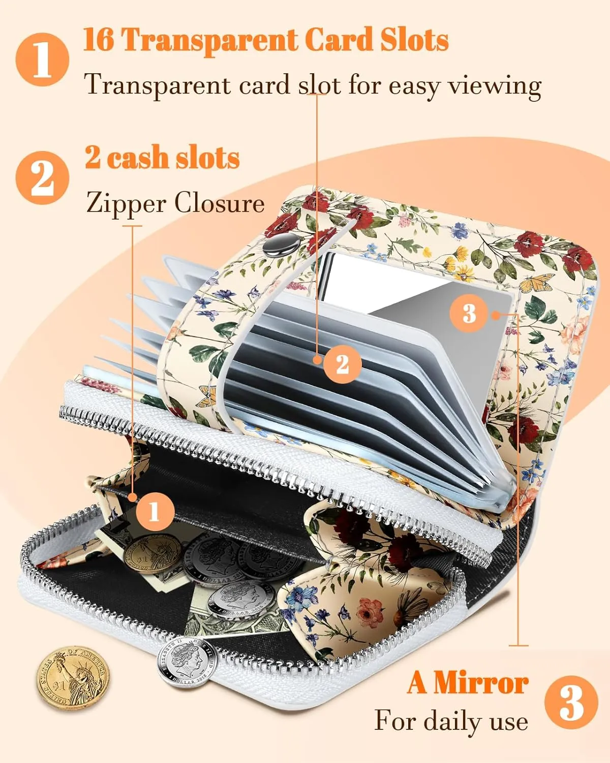 Bistup Credit Card Holder Wallet for Women Ladies Cute Small Teen Girls Female Rfid Leather Cardholder Wallets Organizer Purse Floral Flower Girly Aesthetic Print Unique Zipper