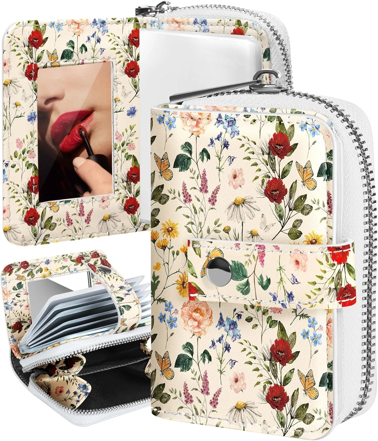 Bistup Credit Card Holder Wallet for Women Ladies Cute Small Teen Girls Female Rfid Leather Cardholder Wallets Organizer Purse Floral Flower Girly Aesthetic Print Unique Zipper