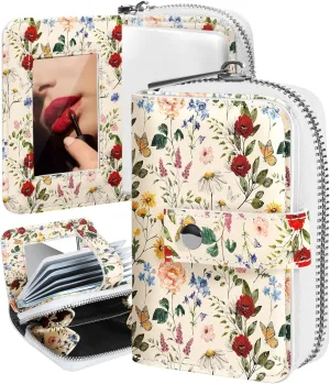 Bistup Credit Card Holder Wallet for Women Ladies Cute Small Teen Girls Female Rfid Leather Cardholder Wallets Organizer Purse Floral Flower Girly Aesthetic Print Unique Zipper