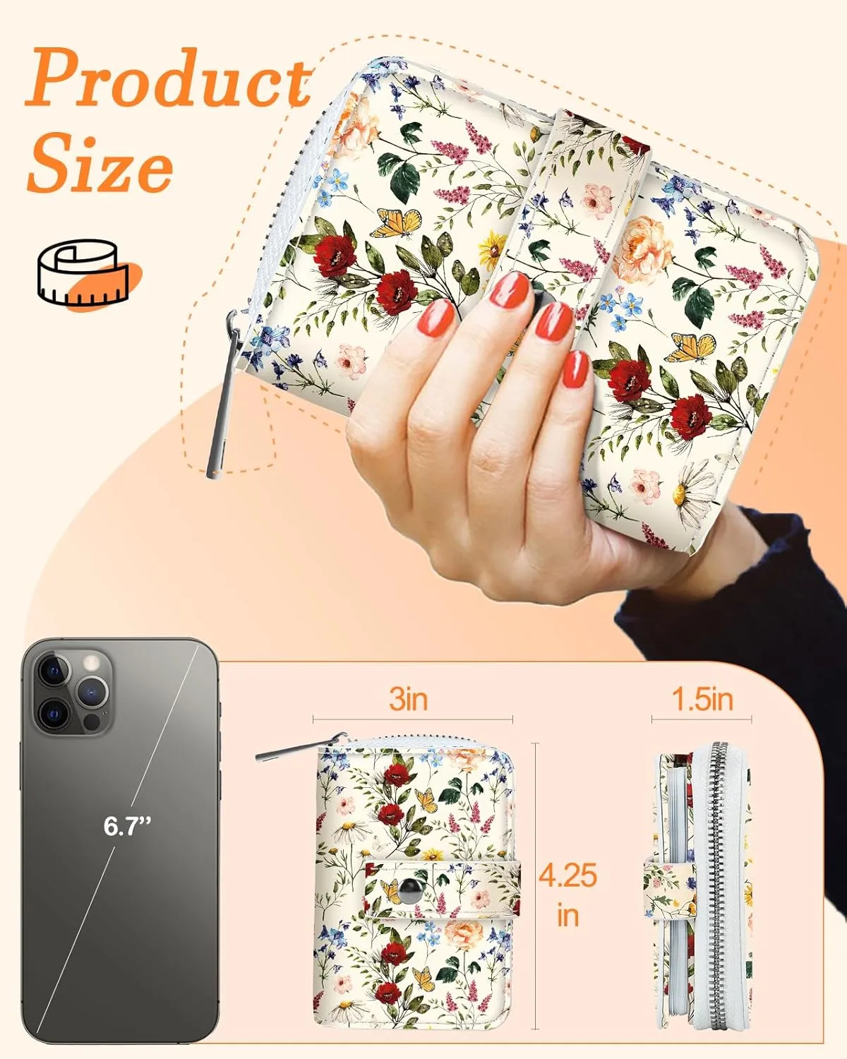 Bistup Credit Card Holder Wallet for Women Ladies Cute Small Teen Girls Female Rfid Leather Cardholder Wallets Organizer Purse Floral Flower Girly Aesthetic Print Unique Zipper