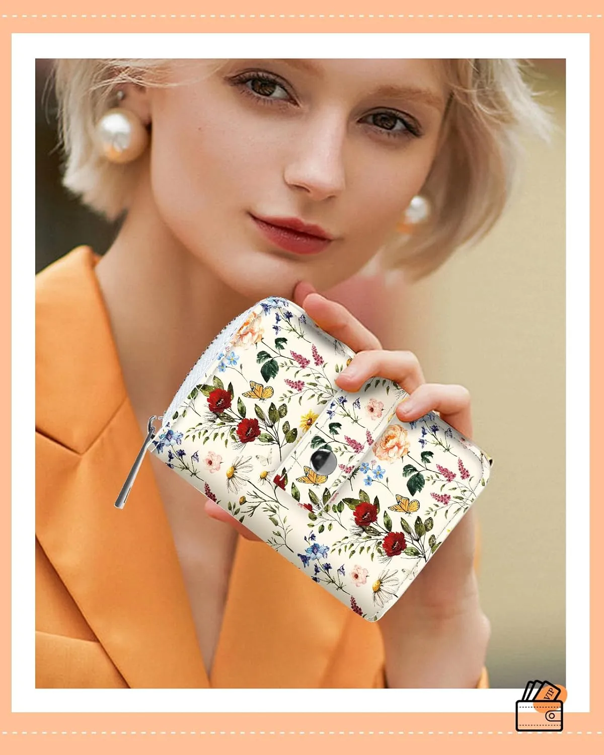 Bistup Credit Card Holder Wallet for Women Ladies Cute Small Teen Girls Female Rfid Leather Cardholder Wallets Organizer Purse Floral Flower Girly Aesthetic Print Unique Zipper