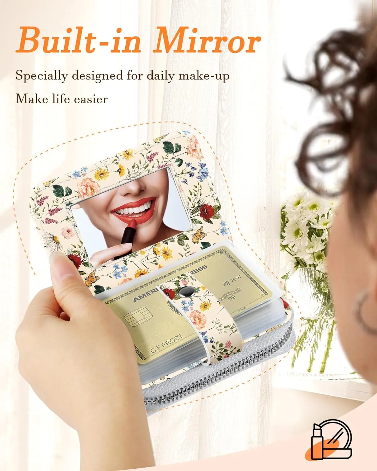 Bistup Credit Card Holder Wallet for Women Ladies Cute Small Teen Girls Female Rfid Leather Cardholder Wallets Organizer Purse Floral Flower Girly Aesthetic Print Unique Zipper