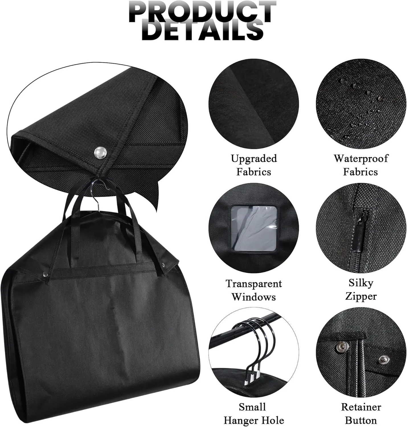 Black 42"Garment Bags for Hanging Clothes,4 Pcs Suit Cover Bags for Closet Storage and Travle,Heavy Duty Waterproof Hanging Suit Bag for Suits,Coats,Jackets,Shirts,Sweaters