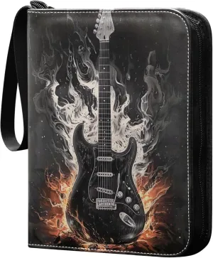 Black Electric Guitar Card Binder 4 Pocket Collectible Trading Card Albums with 50 Sleeves Double Side PU Waterproof 3 Ring for Sports & Game Cards