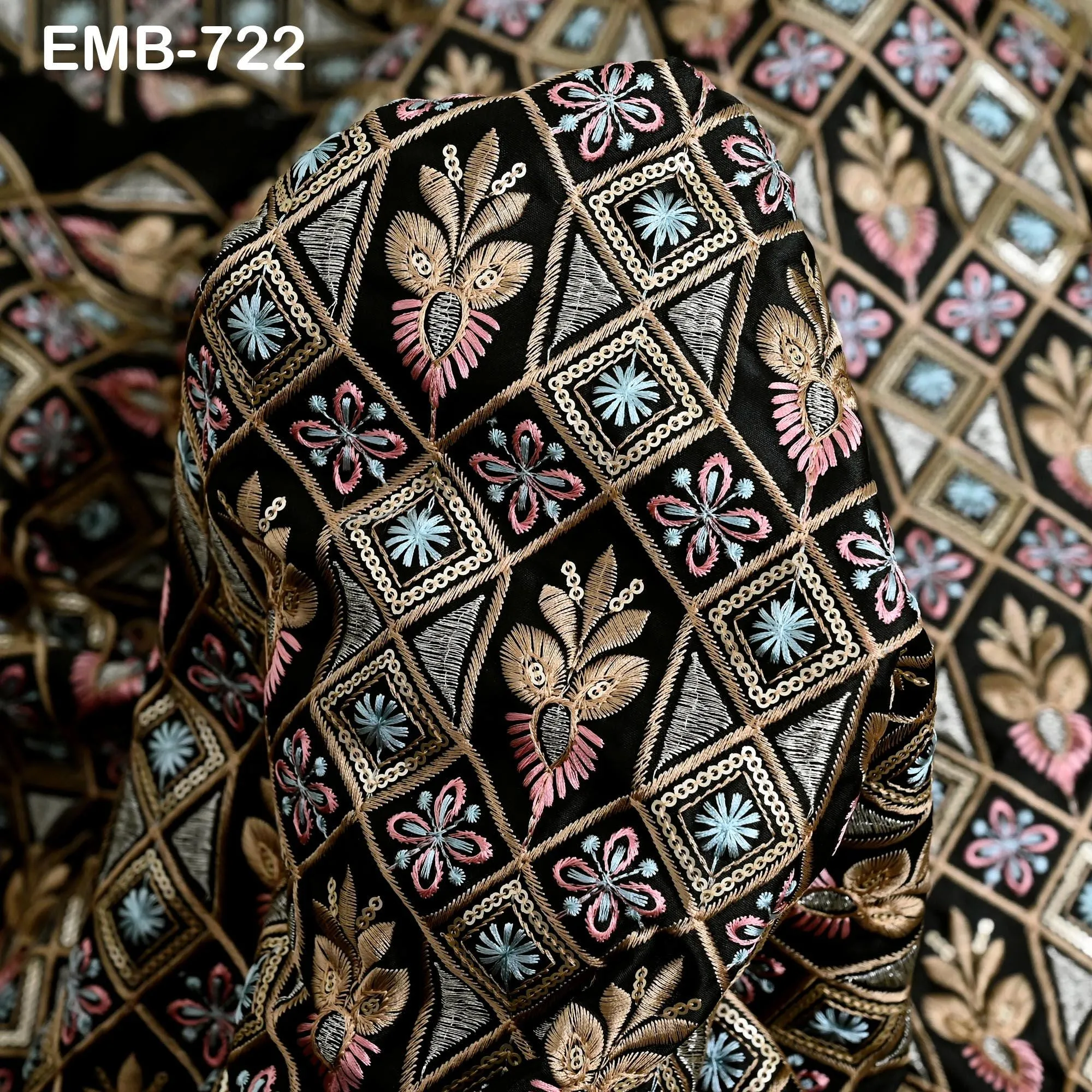 Black Embroidered Fabric by the yard Sewing Crafting Indian Embroidery Victorian Costumes, Regency Reticules, Victorian Handbags Clutches