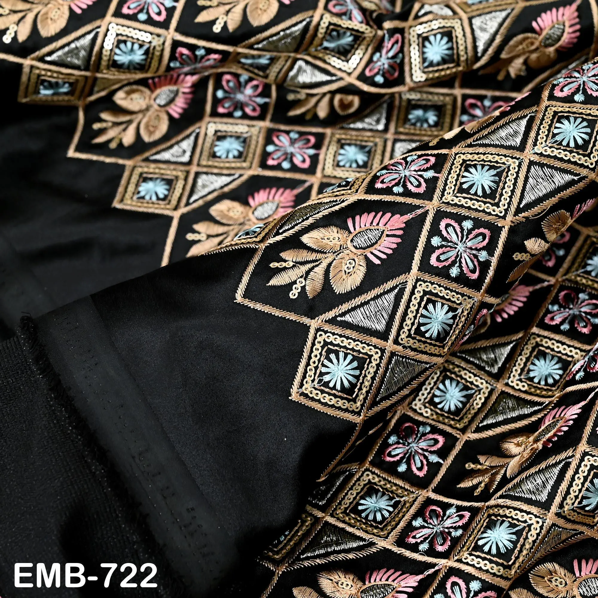 Black Embroidered Fabric by the yard Sewing Crafting Indian Embroidery Victorian Costumes, Regency Reticules, Victorian Handbags Clutches