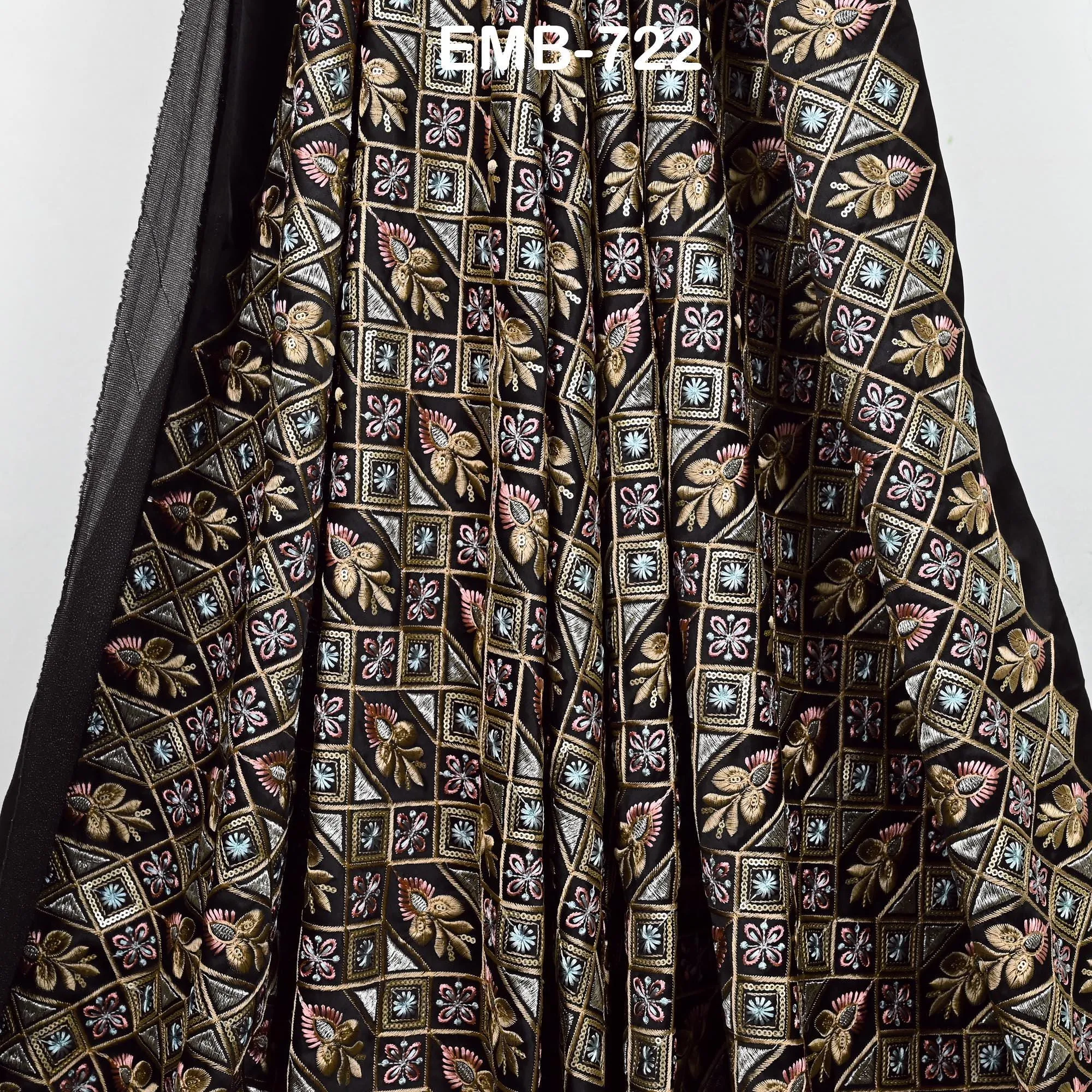 Black Embroidered Fabric by the yard Sewing Crafting Indian Embroidery Victorian Costumes, Regency Reticules, Victorian Handbags Clutches