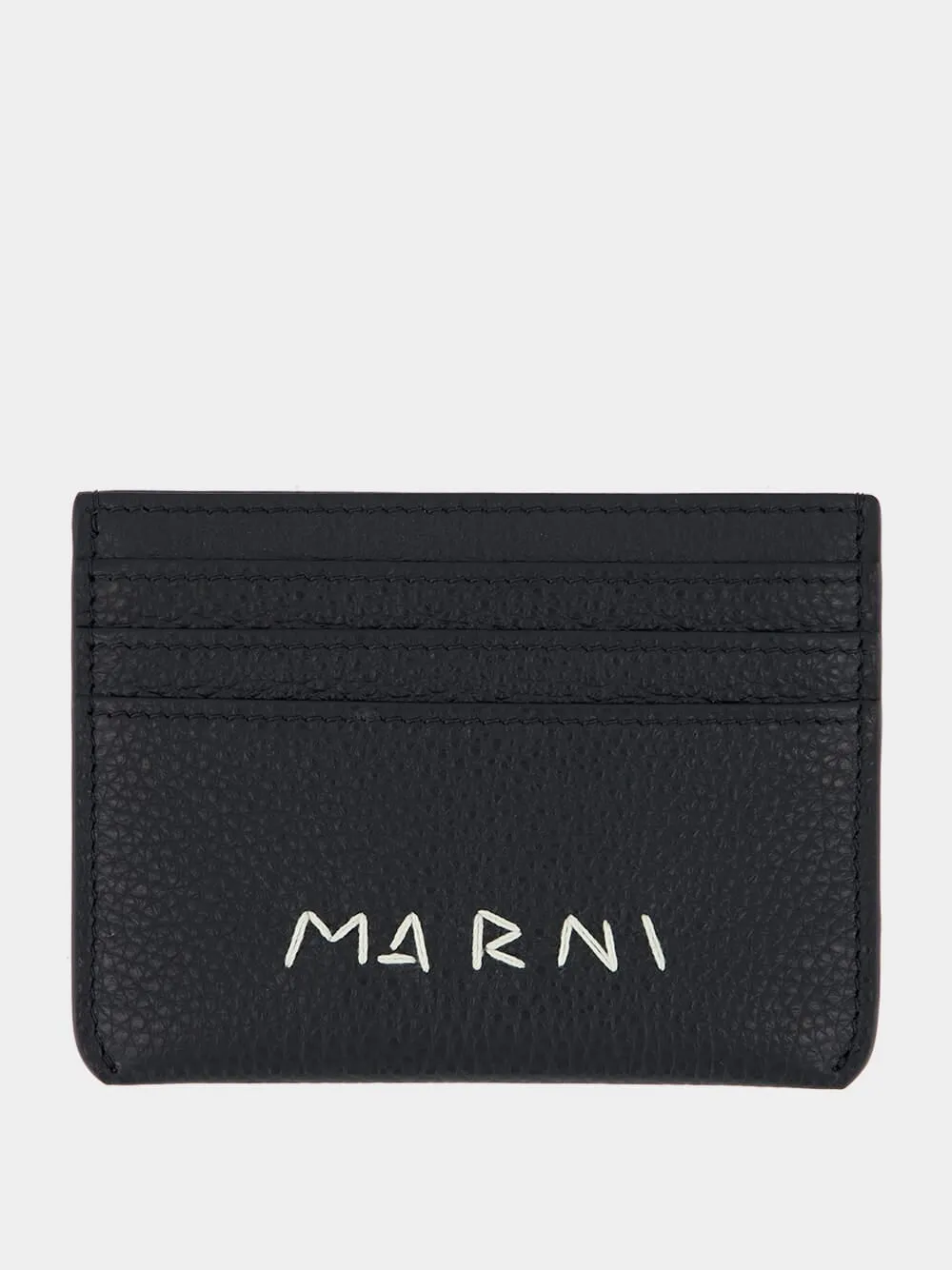 Black Leather Cardholder with Embroidery