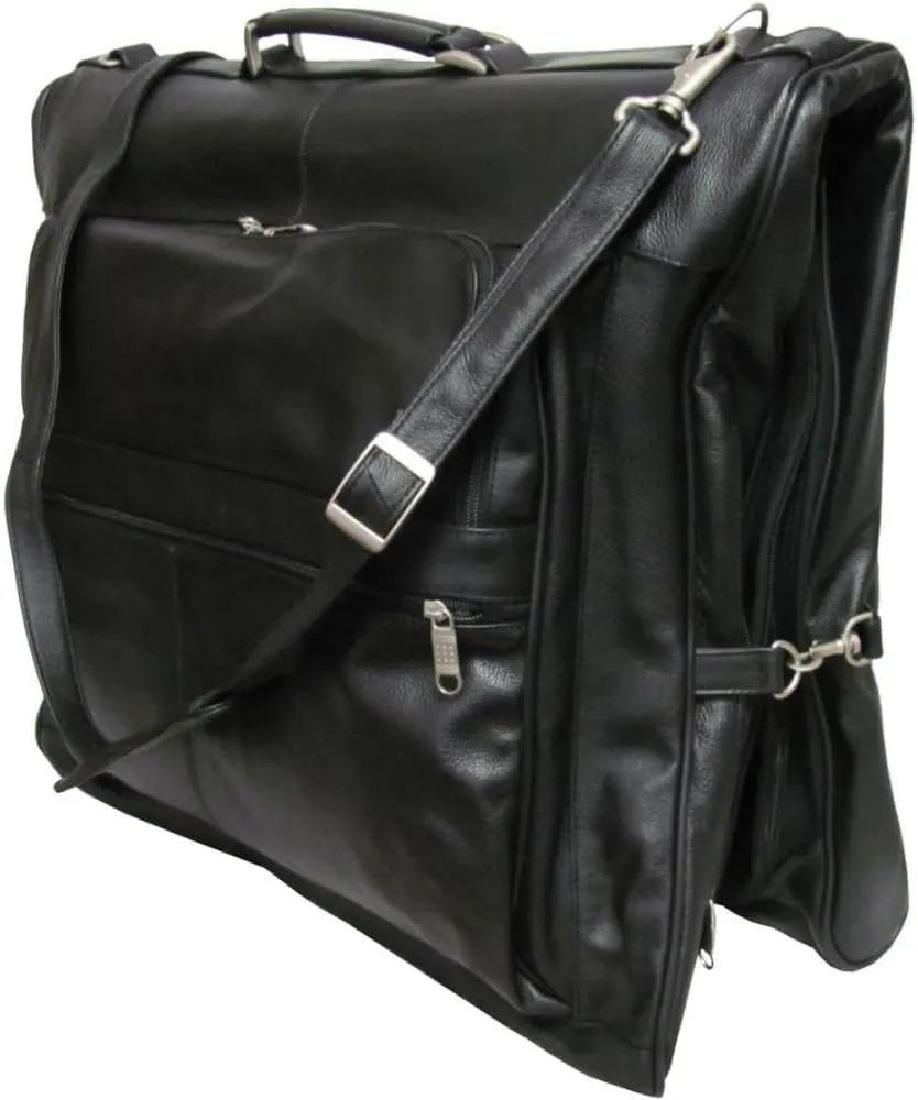 Black Leather Garment Bag Travel Carry-on for Men Fits Three Suits Durable Lightweight Luggage With Hanger Loop Shoulder Strap and Shoe Pocket for Business Trips and Weekend Getaways