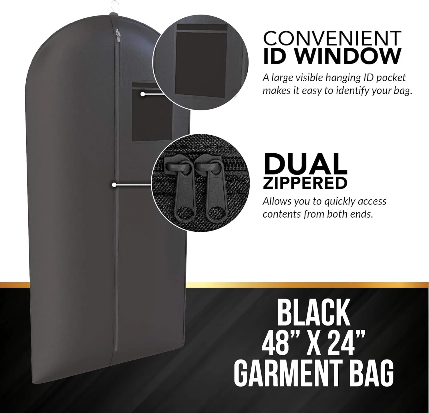 Black Suit Garment Travel Bags - ID Tag Window, Heavy Duty, Lightweight, 48"