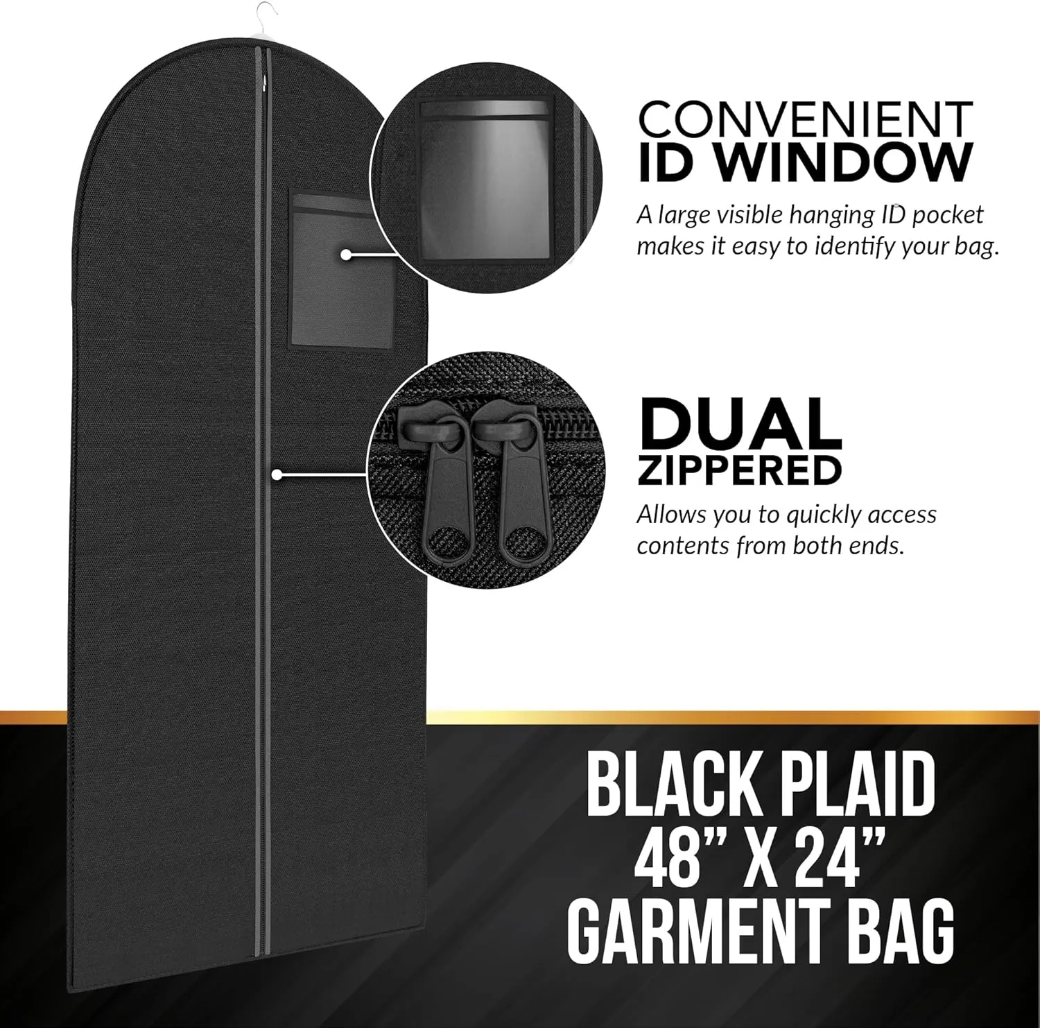 Black Tartan Tuxedo Garment Travel Bags 3 Pack With ID Tag Window - 48" X 24"