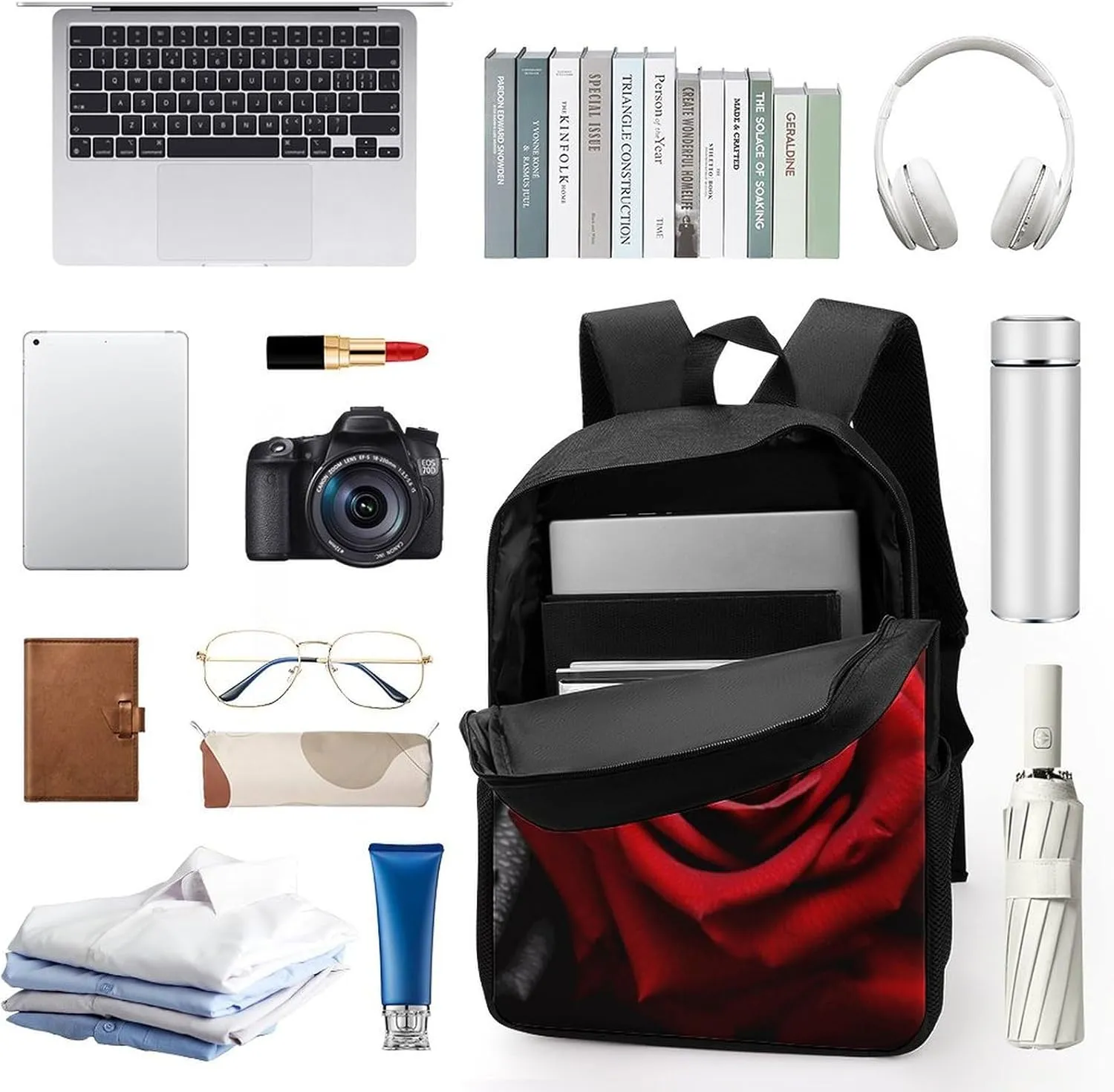 Black White And Red Roses Backpack, Laptop Backpack for Men, 17 Inch Travel Hiking Daypack, Casual Backpack