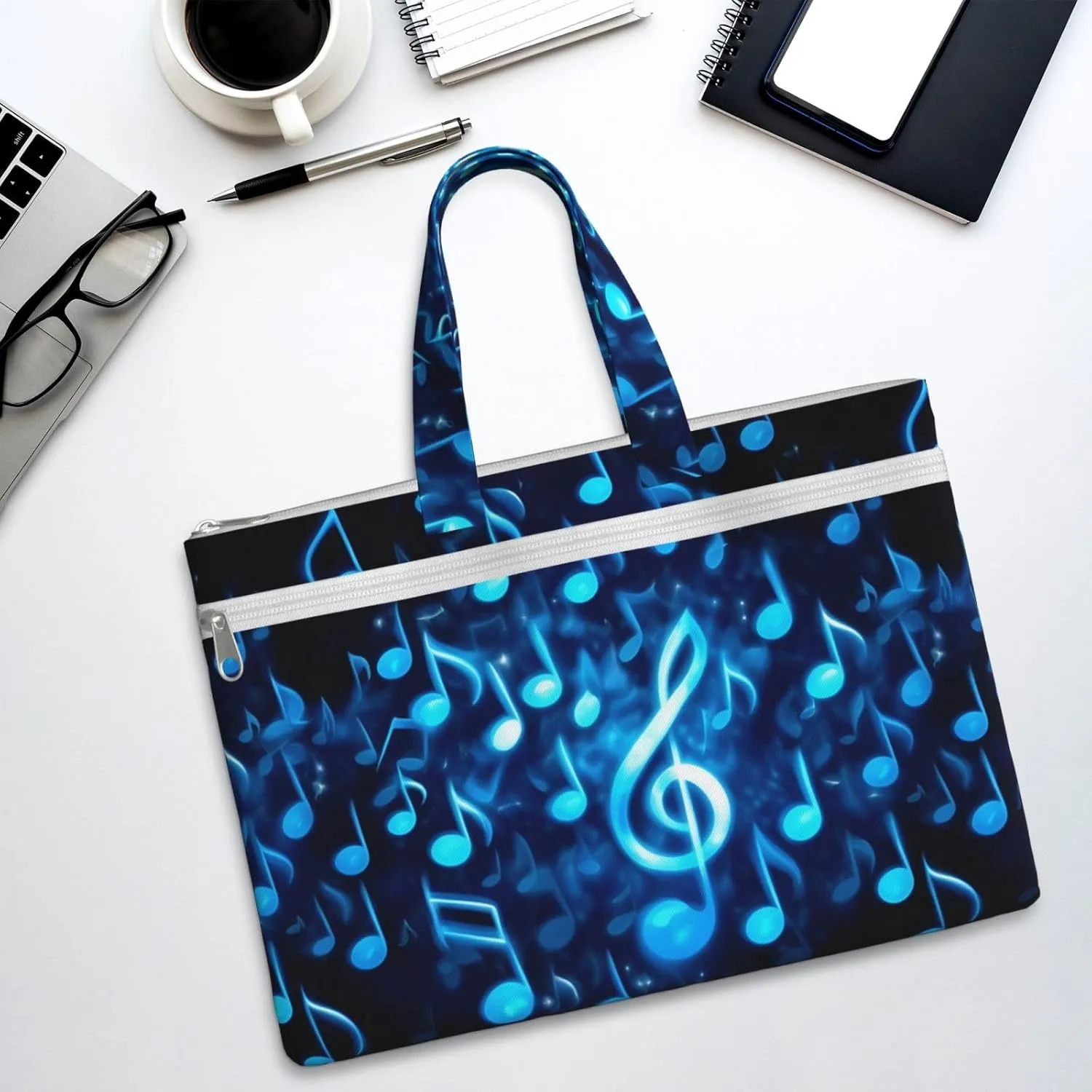 Blue Musical Notes Canvas Document Bag A4 File Organizer for School Supplies and Study
