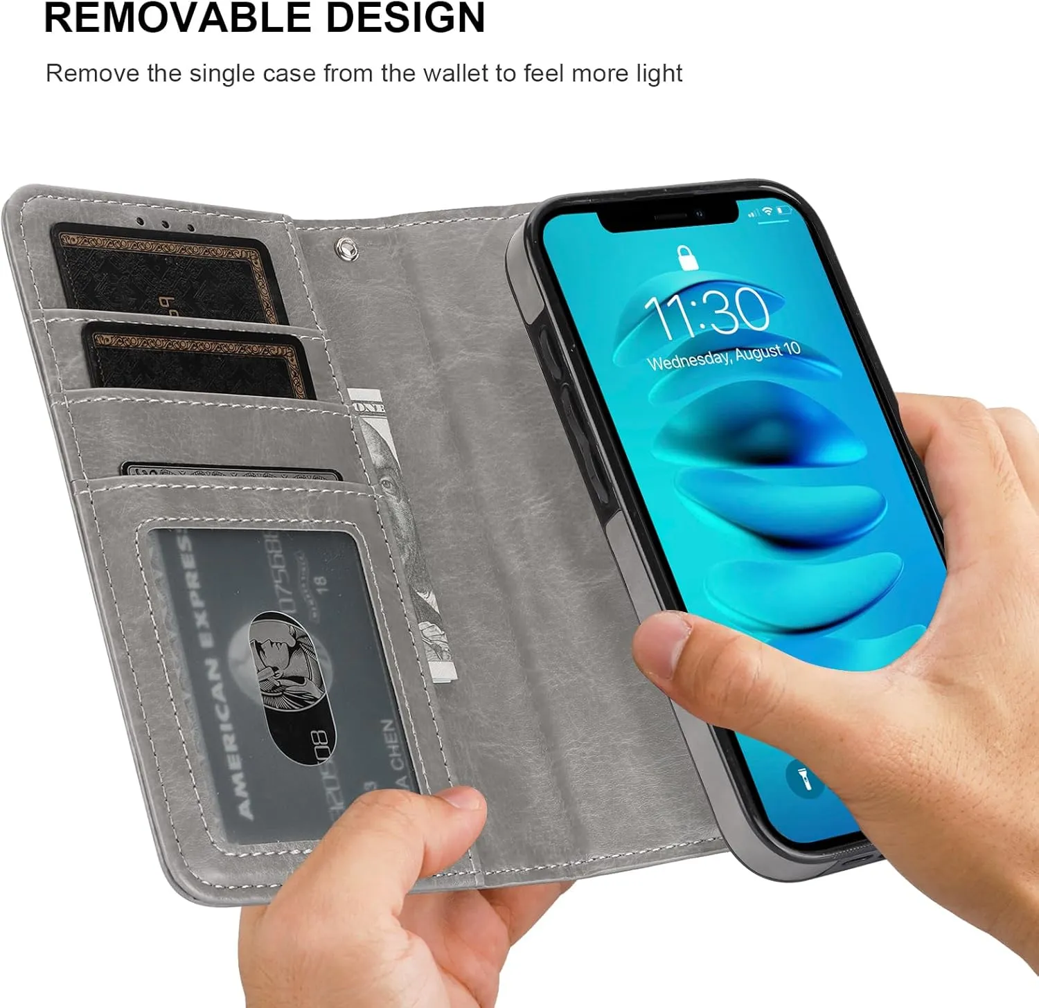 Bocasal for iPhone 14 Pro Wallet Case Compatible with MagSafe Wireless Charging, RFID Blocking Magnetic Leather Case with Card Slots Holder Kickstand Detachable Wrist Strap 6.1 Inch (Grey)