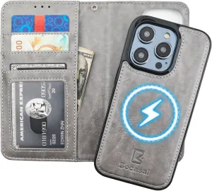 Bocasal for iPhone 14 Pro Wallet Case Compatible with MagSafe Wireless Charging, RFID Blocking Magnetic Leather Case with Card Slots Holder Kickstand Detachable Wrist Strap 6.1 Inch (Grey)