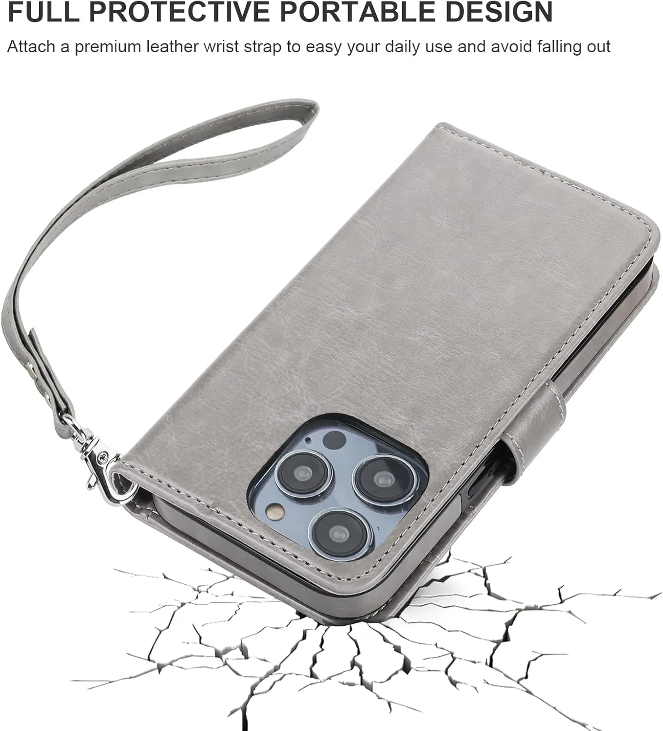 Bocasal for iPhone 14 Pro Wallet Case Compatible with MagSafe Wireless Charging, RFID Blocking Magnetic Leather Case with Card Slots Holder Kickstand Detachable Wrist Strap 6.1 Inch (Grey)