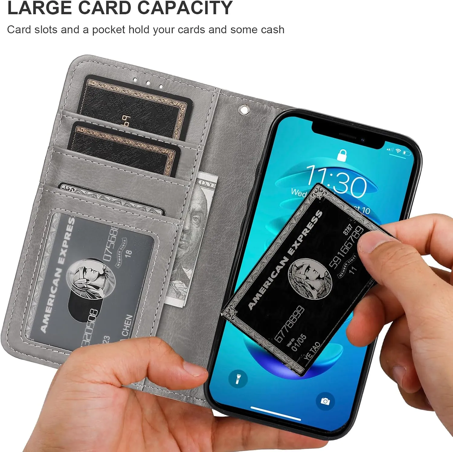 Bocasal for iPhone 14 Pro Wallet Case Compatible with MagSafe Wireless Charging, RFID Blocking Magnetic Leather Case with Card Slots Holder Kickstand Detachable Wrist Strap 6.1 Inch (Grey)