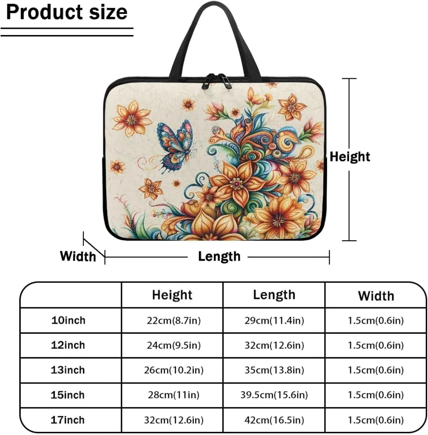 Bohemian Flower Butterfly Print Laptop Case Portable Laptop Bag Women Men 10-17inch Carrying Computer Bag for Travel Study Work Notebook Case Bag with Handle and Zipper, 17inch