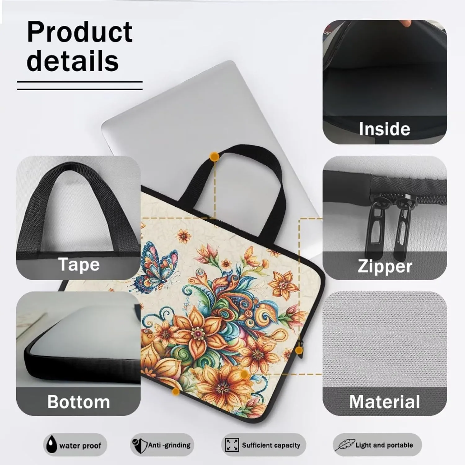 Bohemian Flower Butterfly Print Laptop Case Portable Laptop Bag Women Men 10-17inch Carrying Computer Bag for Travel Study Work Notebook Case Bag with Handle and Zipper, 17inch