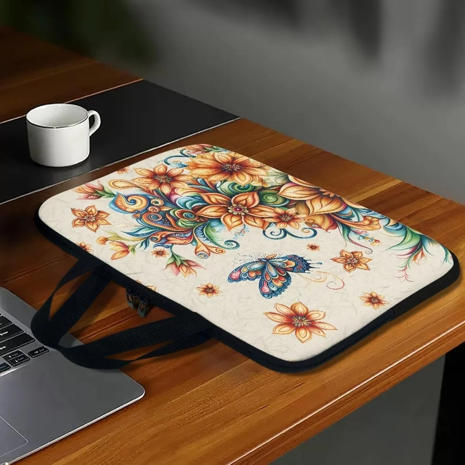Bohemian Flower Butterfly Print Laptop Case Portable Laptop Bag Women Men 10-17inch Carrying Computer Bag for Travel Study Work Notebook Case Bag with Handle and Zipper, 17inch