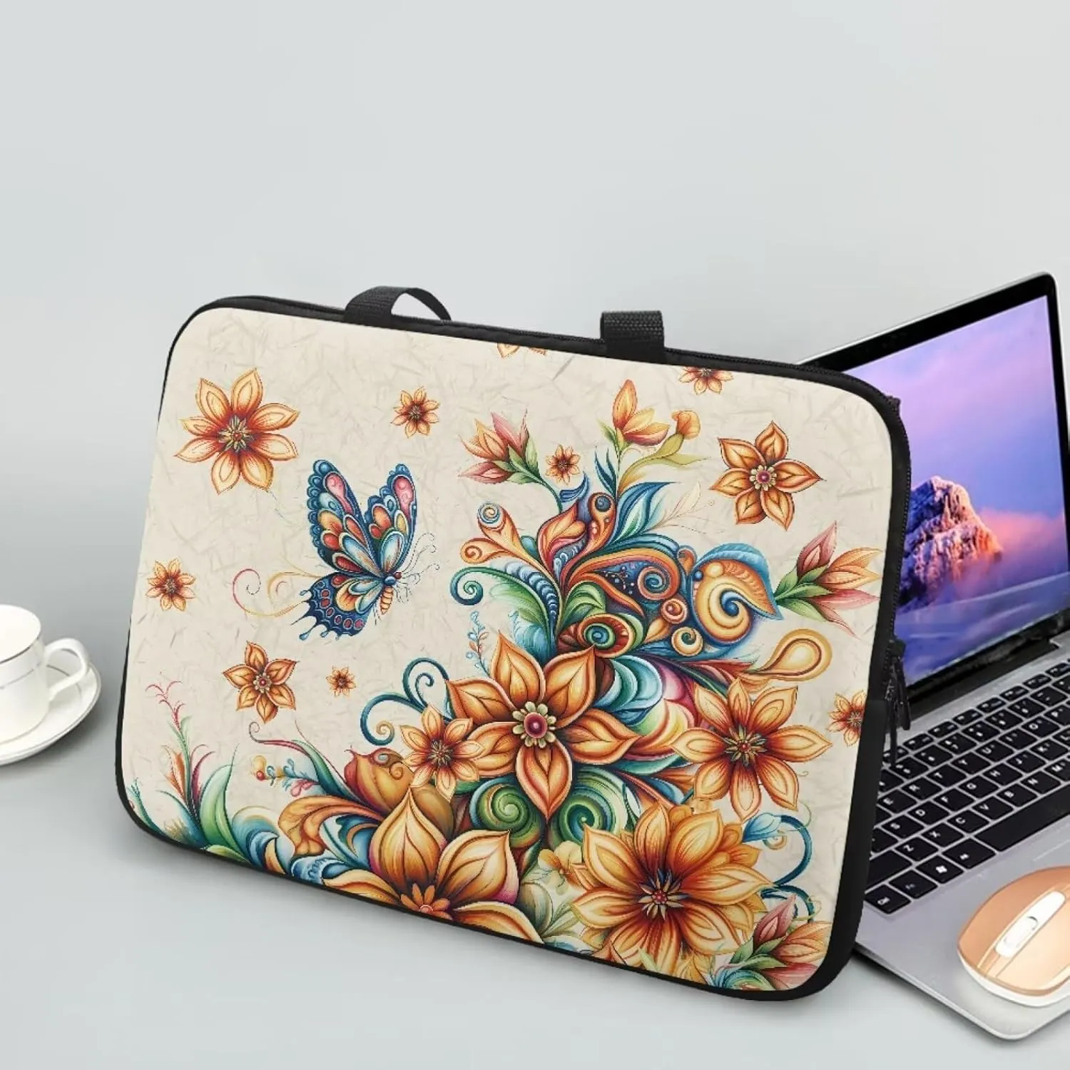 Bohemian Flower Butterfly Print Laptop Case Portable Laptop Bag Women Men 10-17inch Carrying Computer Bag for Travel Study Work Notebook Case Bag with Handle and Zipper, 17inch