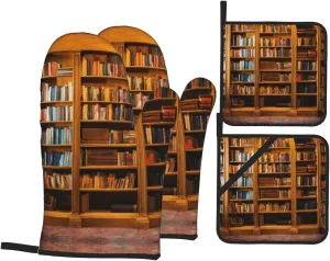 Books Print Convenient Oven Mitts Pot Holders Set Duty Heat Resistant Gloves with Quilted Liner