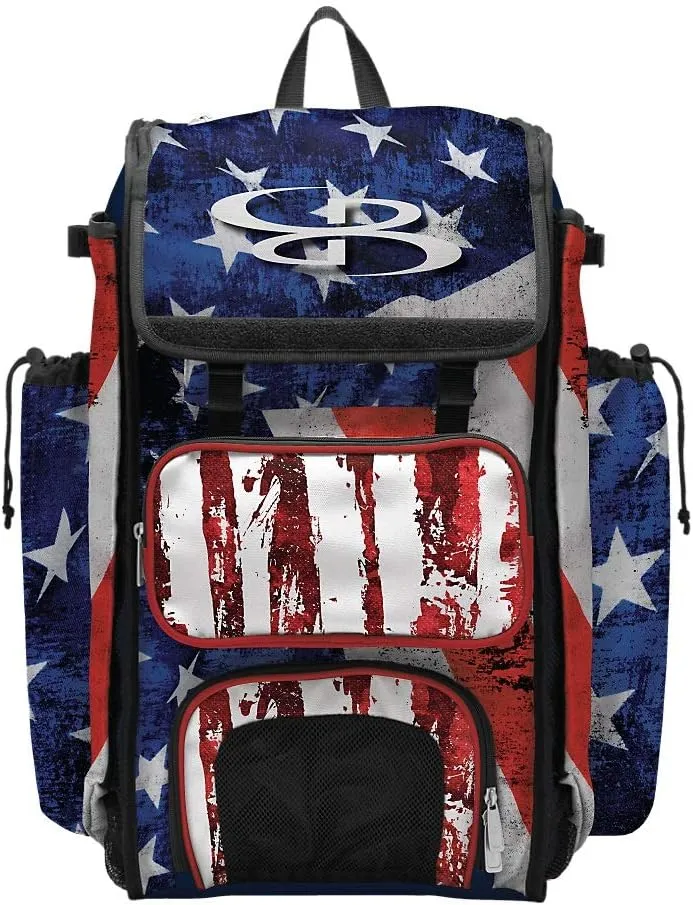 Boombah Catcher's Superpack Bat Bag 23-1/2" x 13-1/2" x 9-1/2" - USA Stars & Stripes Navy/Red/White - Holds 4 Bats - Backpack Version (no Wheels)