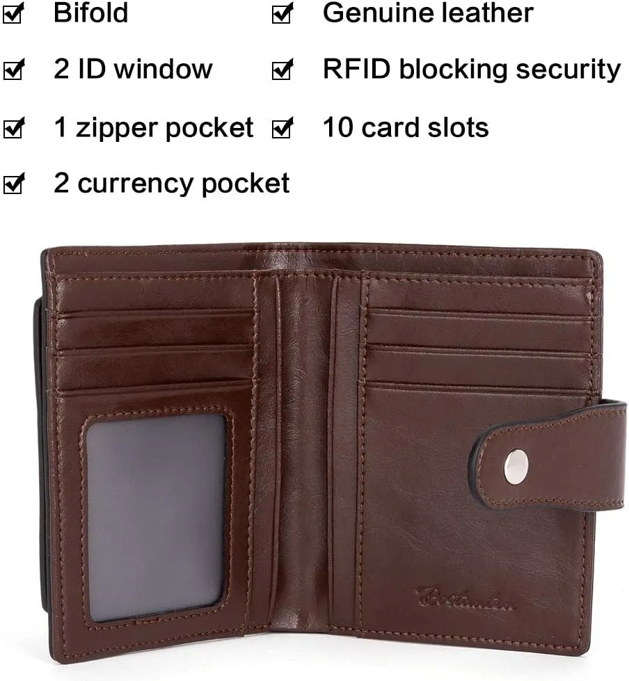 BOSTANTEN Women Leather Wallet RFID Blocking Small Bifold Zipper Pocket Wallet Card Case Purse with ID Window