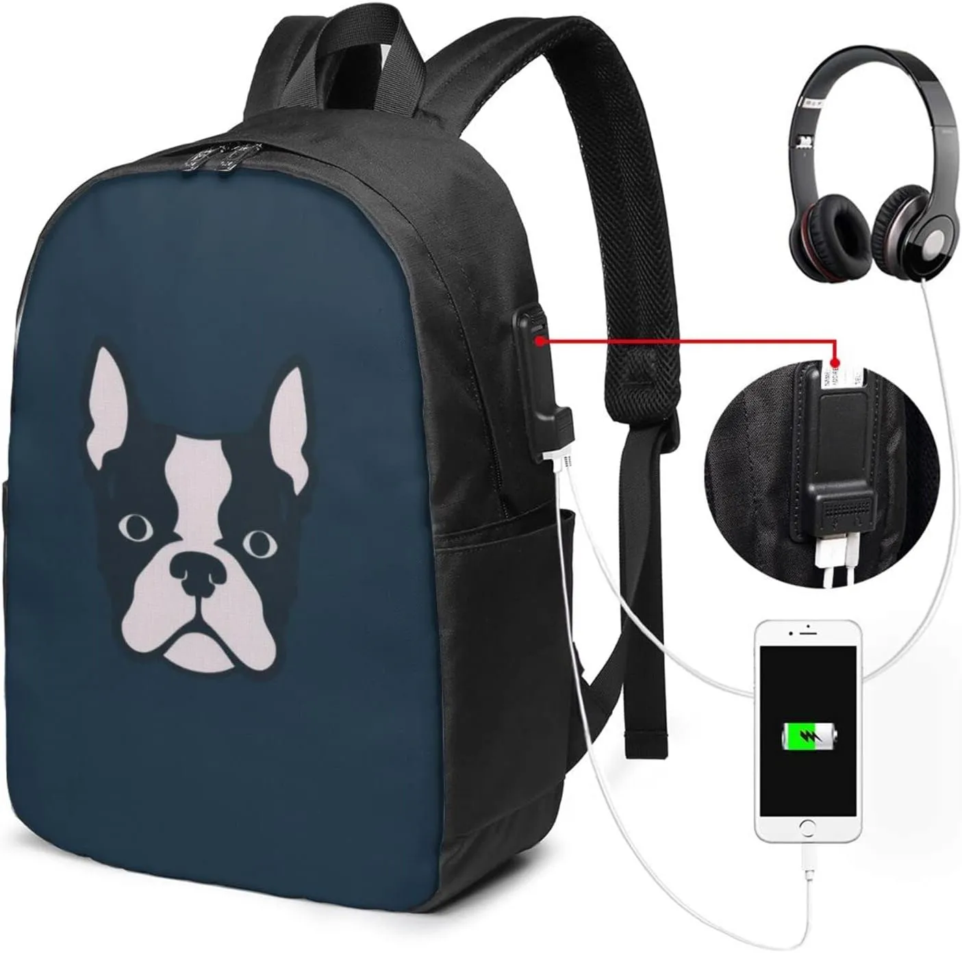 Boston Terrier Travel Laptop Backpack for Women Men, 17 Inch Business Backpack with USB Charger Port