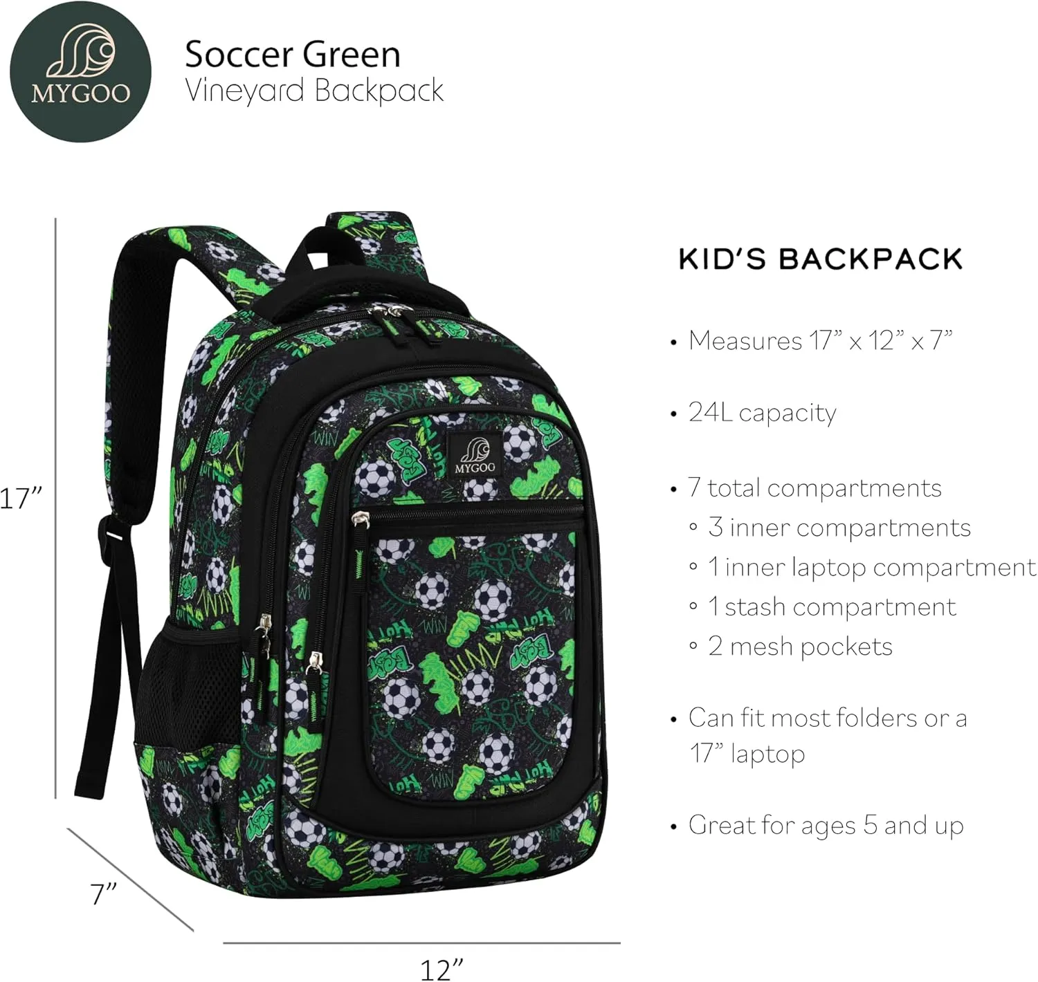 Boys' School Backpack | Vineyard Collection | Soccer Green | 17” Height 24L | Ideal for Teens