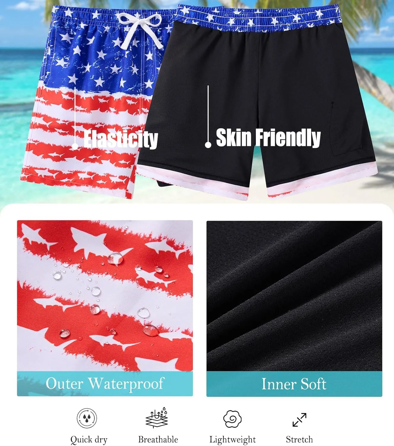 Boys Swim Trunks with Compression Liner Swim Shorts Kids Quick Dry Bathing Suit Boxer Brief Swimwear 6-20 Years