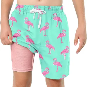 Boys Swim Trunks with Compression Liner Swim Shorts Kids Quick Dry Bathing Suit Boxer Brief Swimwear 6-20 Years