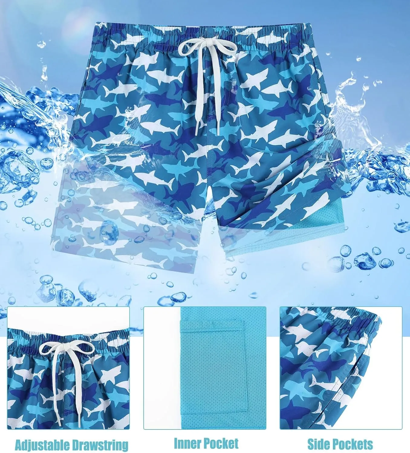 Boys Swim Trunks with Compression Liner Swim Shorts Kids Quick Dry Bathing Suit Boxer Brief Swimwear 6-20 Years