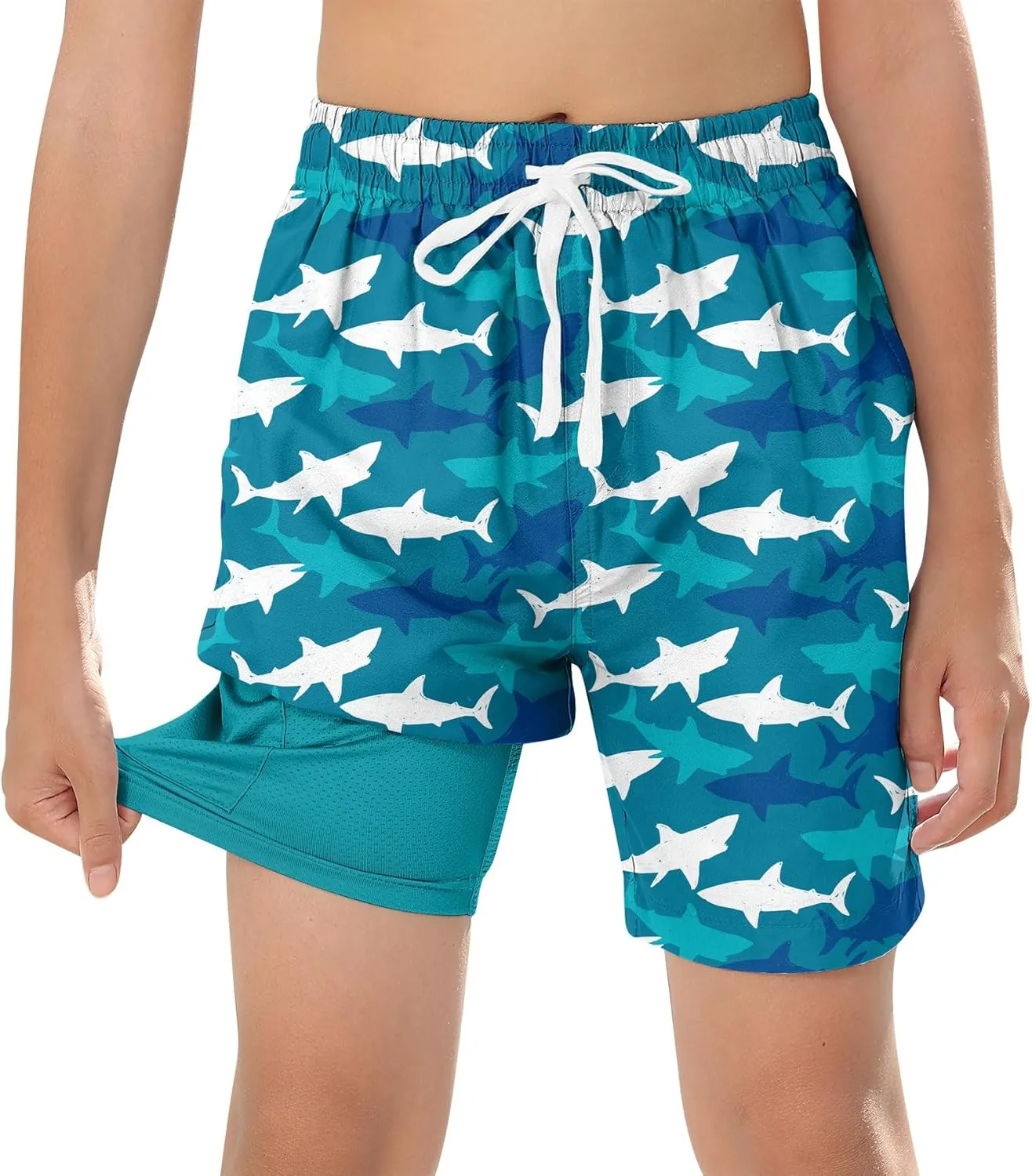 Boys Swim Trunks with Compression Liner Swim Shorts Kids Quick Dry Bathing Suit Boxer Brief Swimwear 6-20 Years