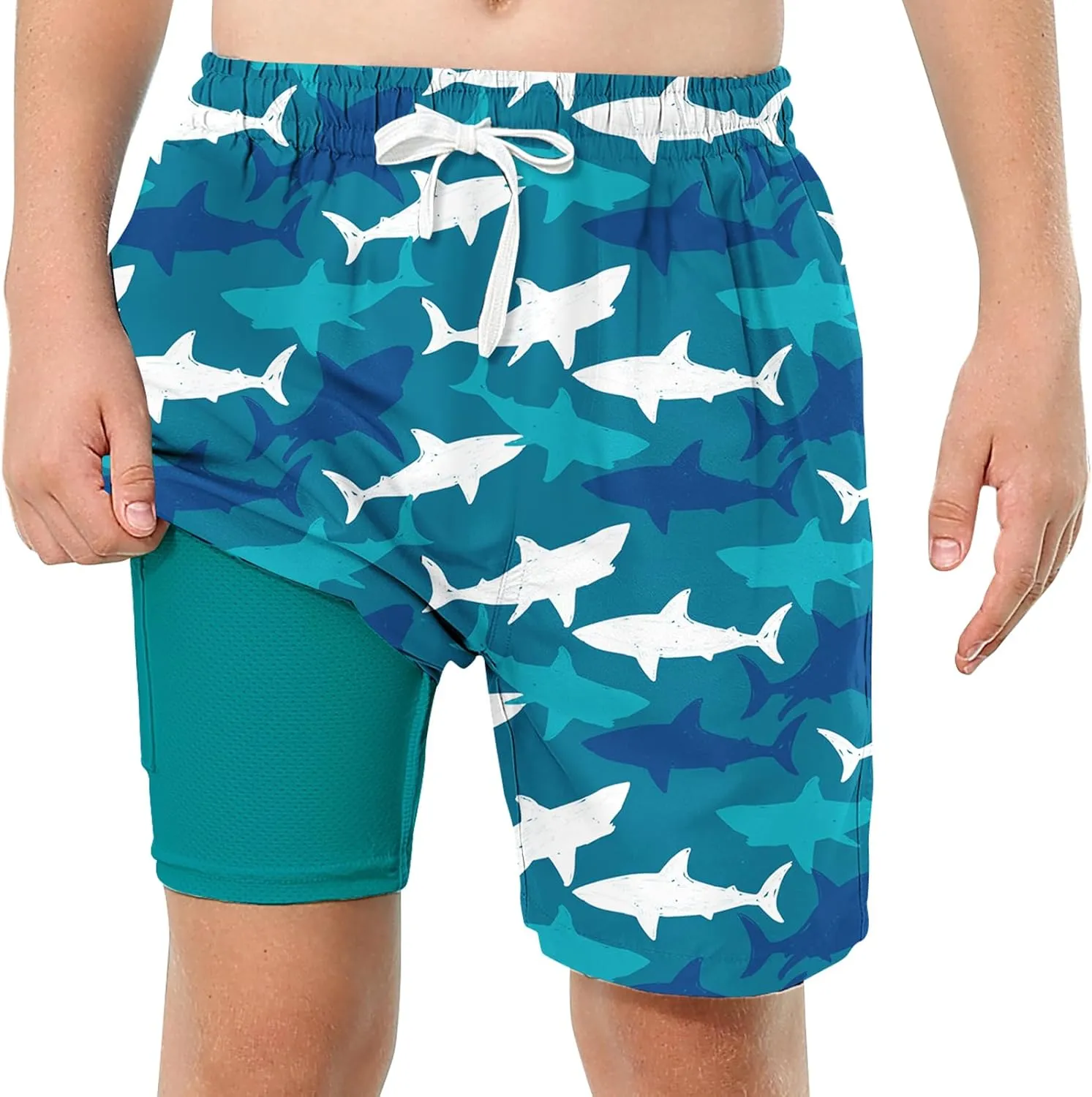 Boys Swim Trunks with Compression Liner Swim Shorts Kids Quick Dry Bathing Suit Boxer Brief Swimwear 6-20 Years