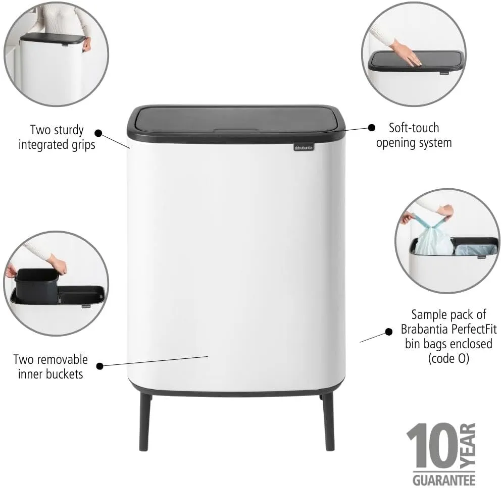 Brabantia Bo Hi Touch Top Trash Can - 2 x 8 Gal Inner Buckets (White) Waste/Recycling Garbage Can, Removable Compartments, Raised Legs