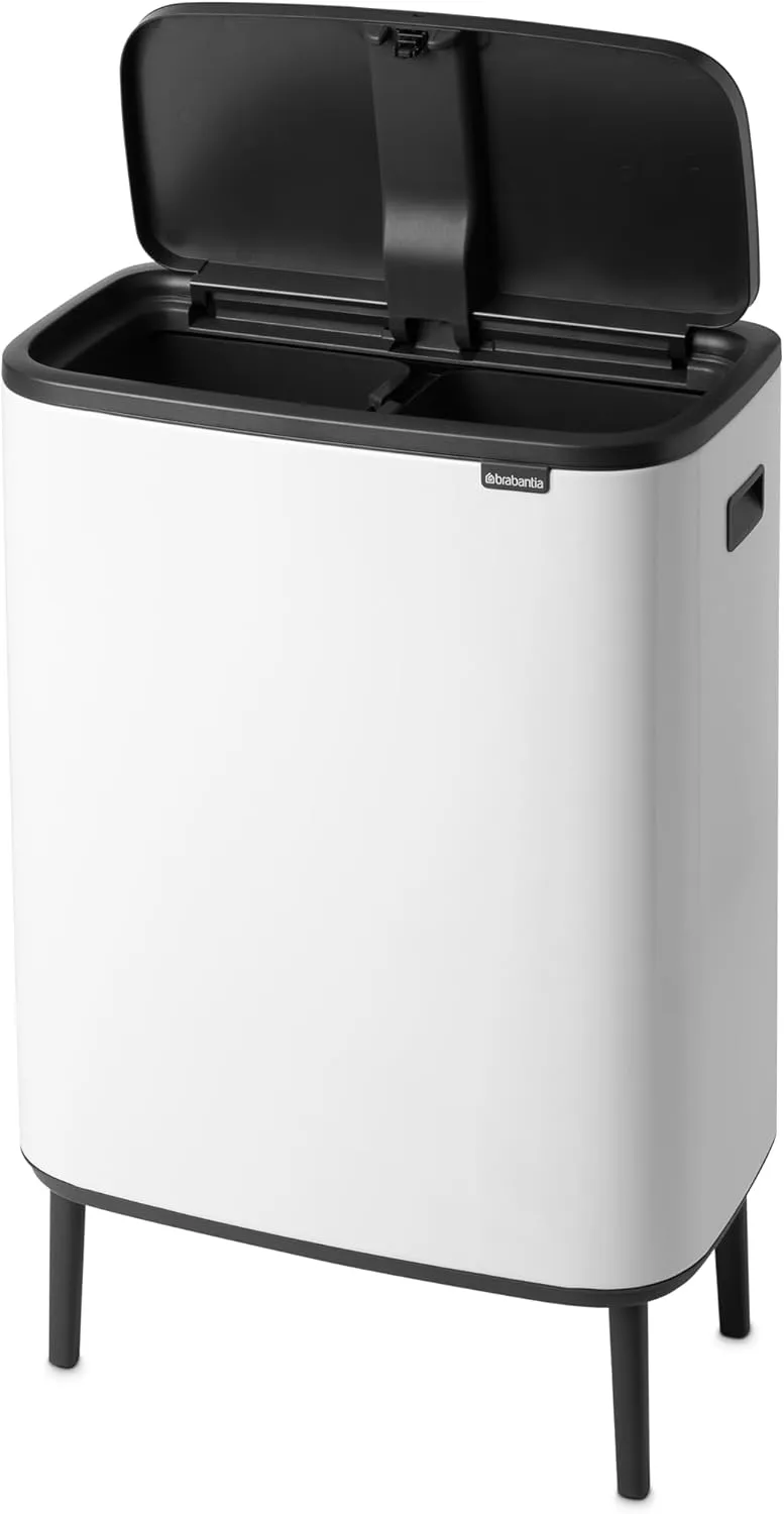 Brabantia Bo Hi Touch Top Trash Can - 2 x 8 Gal Inner Buckets (White) Waste/Recycling Garbage Can, Removable Compartments, Raised Legs