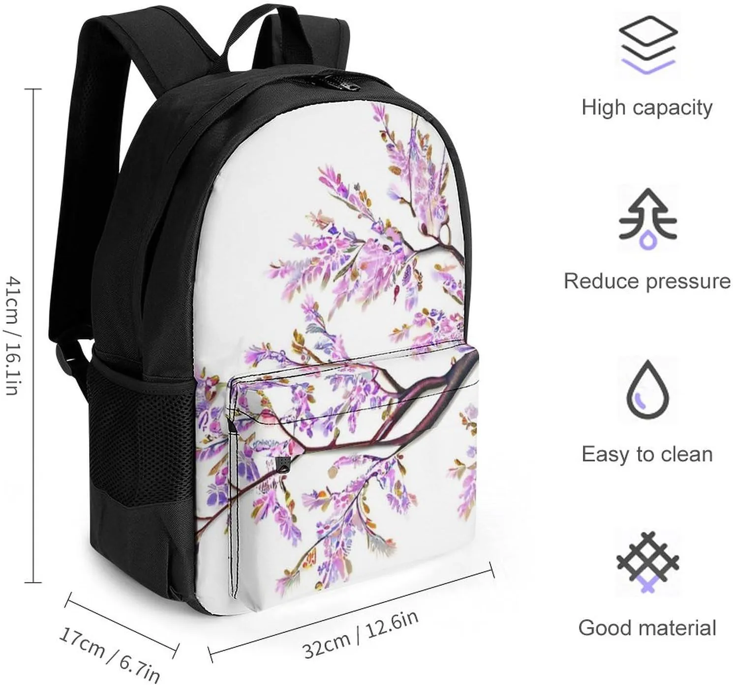 Branch Of Cherry Tree Flowers Blossoms Spring Art Backpack Polyester Anti-Theft Multipurpose Bookbag Large Capacity Laptop Book Bag Rucksack With Side Pockets