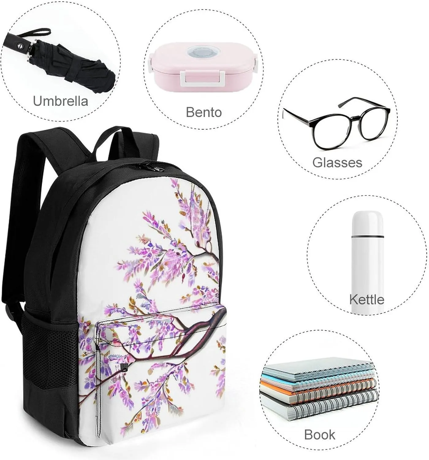 Branch Of Cherry Tree Flowers Blossoms Spring Art Backpack Polyester Anti-Theft Multipurpose Bookbag Large Capacity Laptop Book Bag Rucksack With Side Pockets