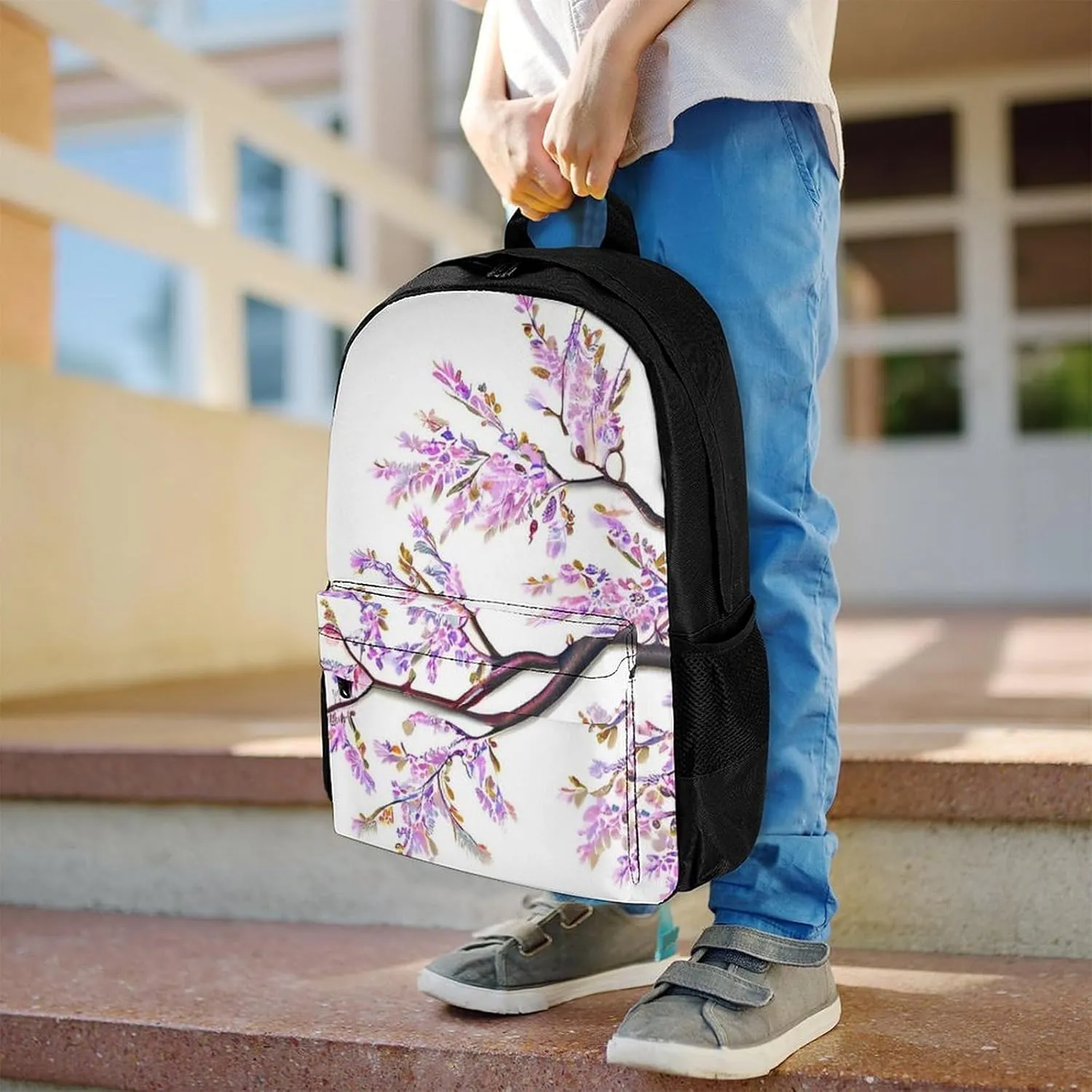 Branch Of Cherry Tree Flowers Blossoms Spring Art Backpack Polyester Anti-Theft Multipurpose Bookbag Large Capacity Laptop Book Bag Rucksack With Side Pockets
