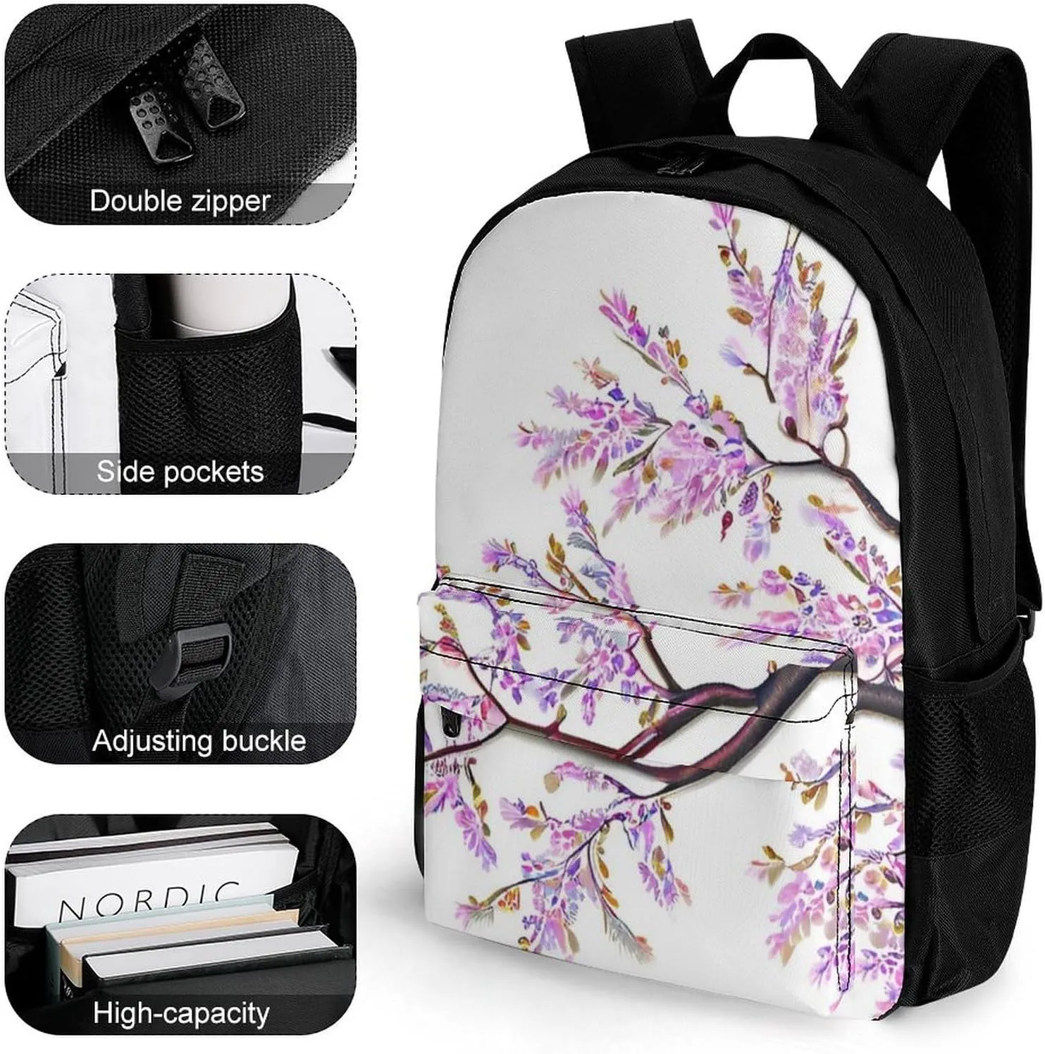 Branch Of Cherry Tree Flowers Blossoms Spring Art Backpack Polyester Anti-Theft Multipurpose Bookbag Large Capacity Laptop Book Bag Rucksack With Side Pockets