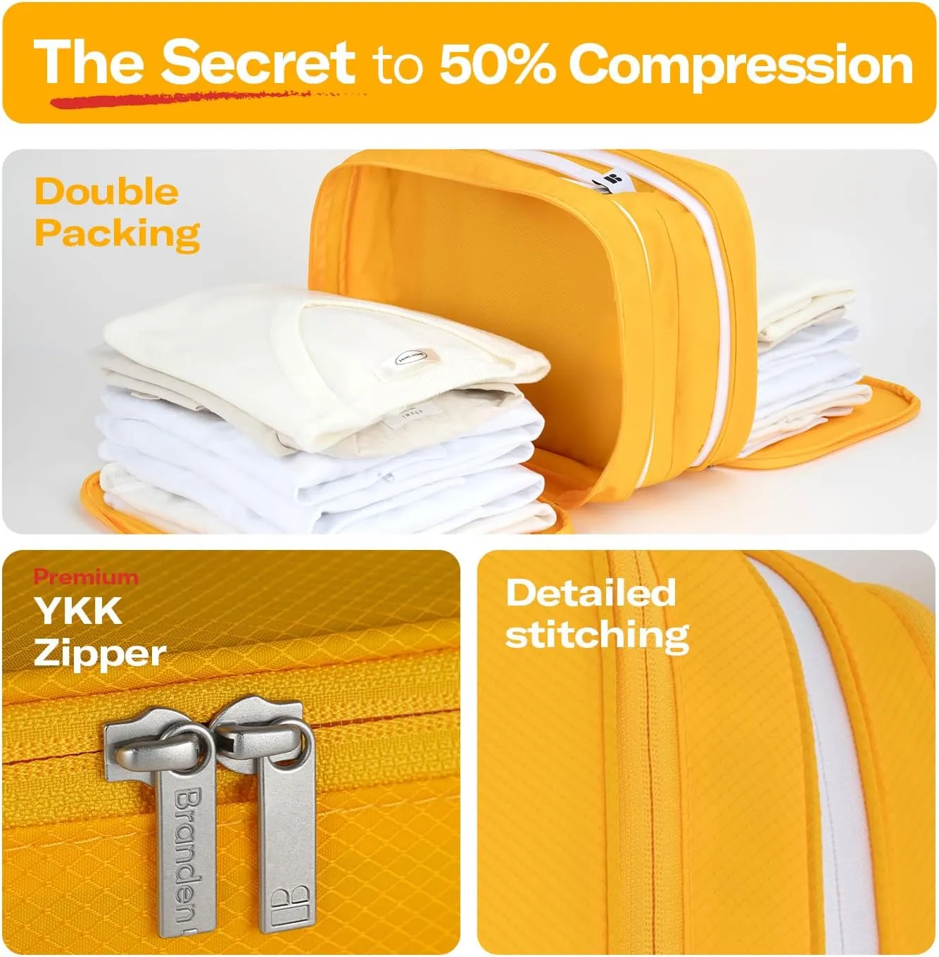 BRANDEN Compression Packing Cube, X-Large, Yellow | Travel Essentials l Luggage Organizer l Self Compression Organizer for Travel l Overnight Trip, Road Trip, Beach, Cruise