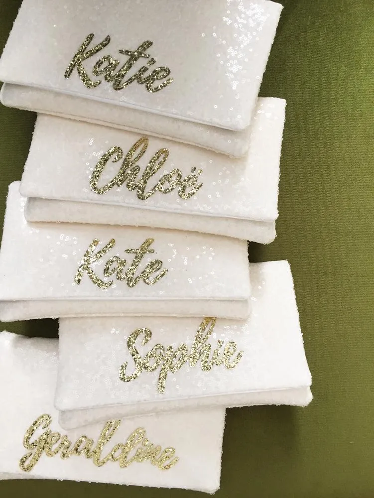 Bridesmaids gifts - set of ivory sequin personalised name clutches