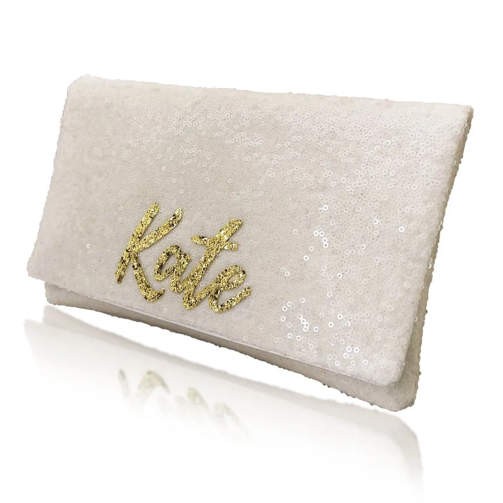 Bridesmaids gifts - set of ivory sequin personalised name clutches